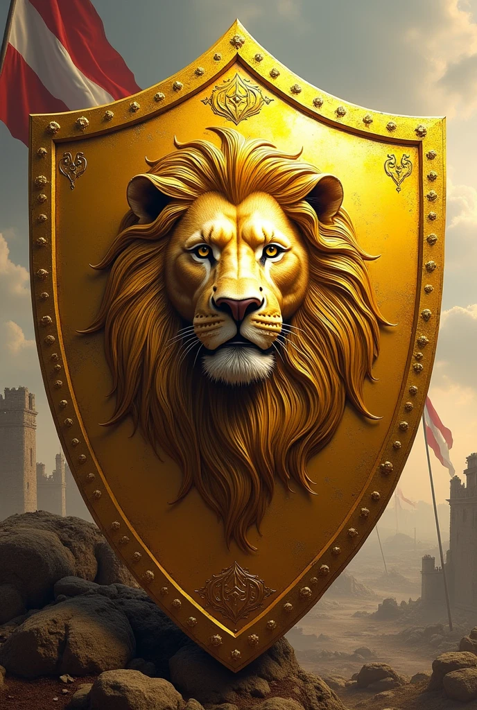 golden shield, white and dark yellow, from the head of a lion