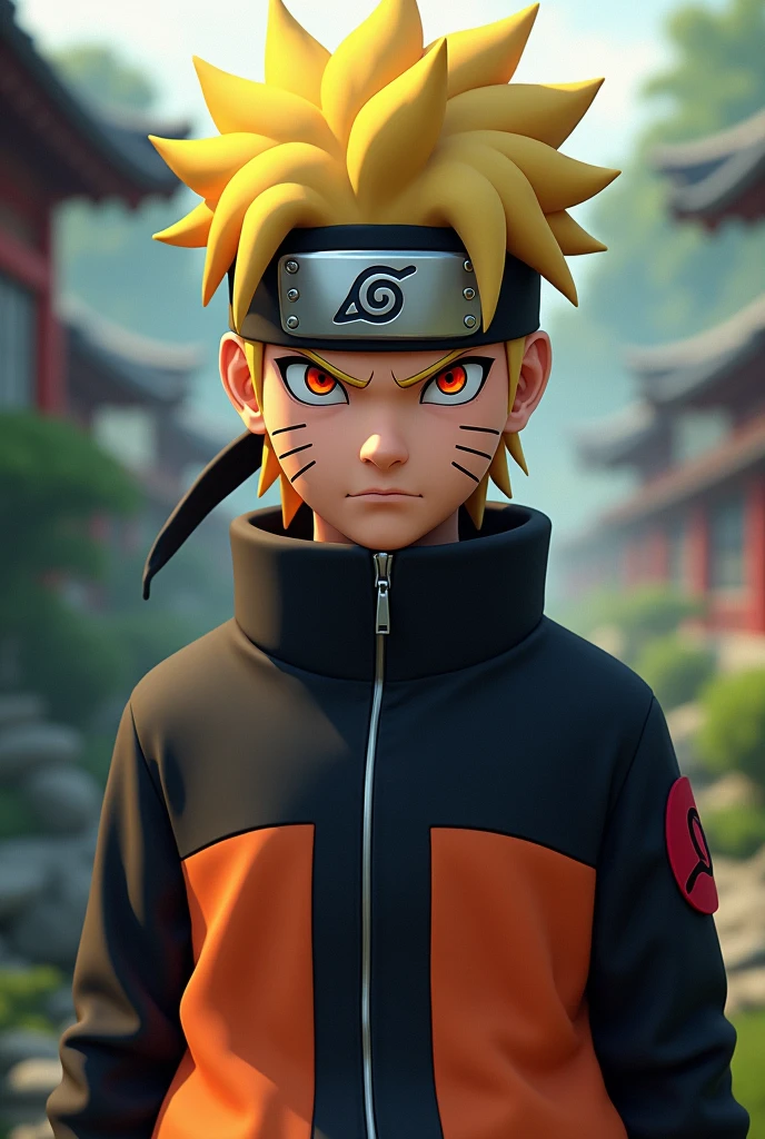 naruto uzumaki, hd 3d realistic, konoha headband, turtle neck jacket with orange minor, orange eye, face full bright, angry face, 3 strip on the sides face, potrait photo, real human