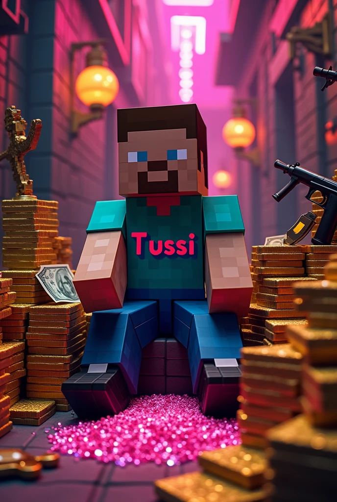 create a minecraft steve sitting where there are drugs guns,, money like a mobster and have your shirt say Tussi.. Don't forget the pink cocaine