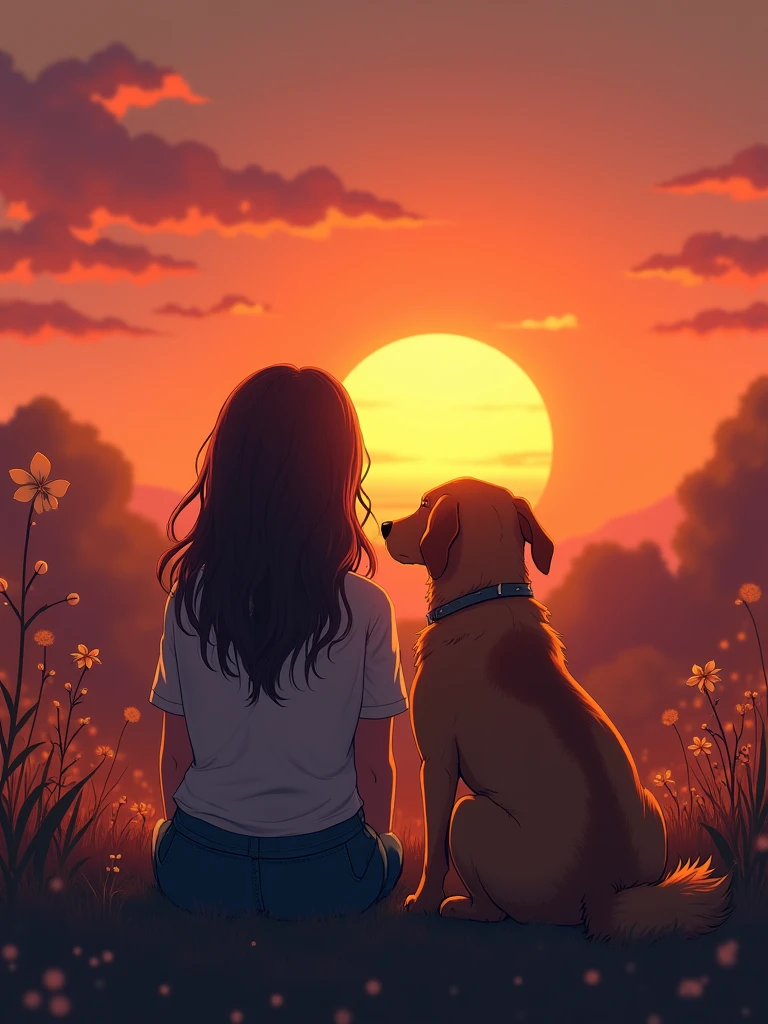 a girl and her dog sitting with their backs to each other watching the sunset, listening to Lo-Fi music. Relax, artistic, calming