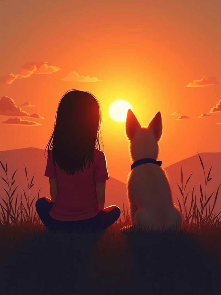 a girl and her dog sitting with their backs to each other watching the sunset, listening to Lo-Fi music. Relax, artistic, calming