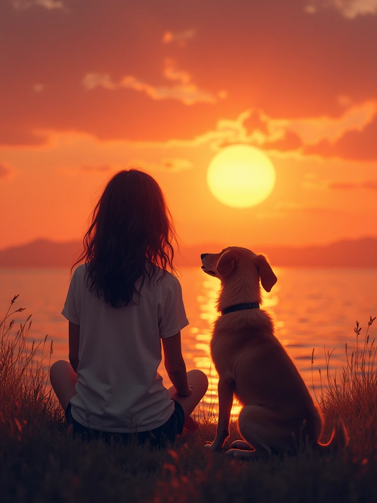 a girl and her dog sitting with their backs to each other watching the sunset, listening to Lo-Fi music. Relax, artistic, calming