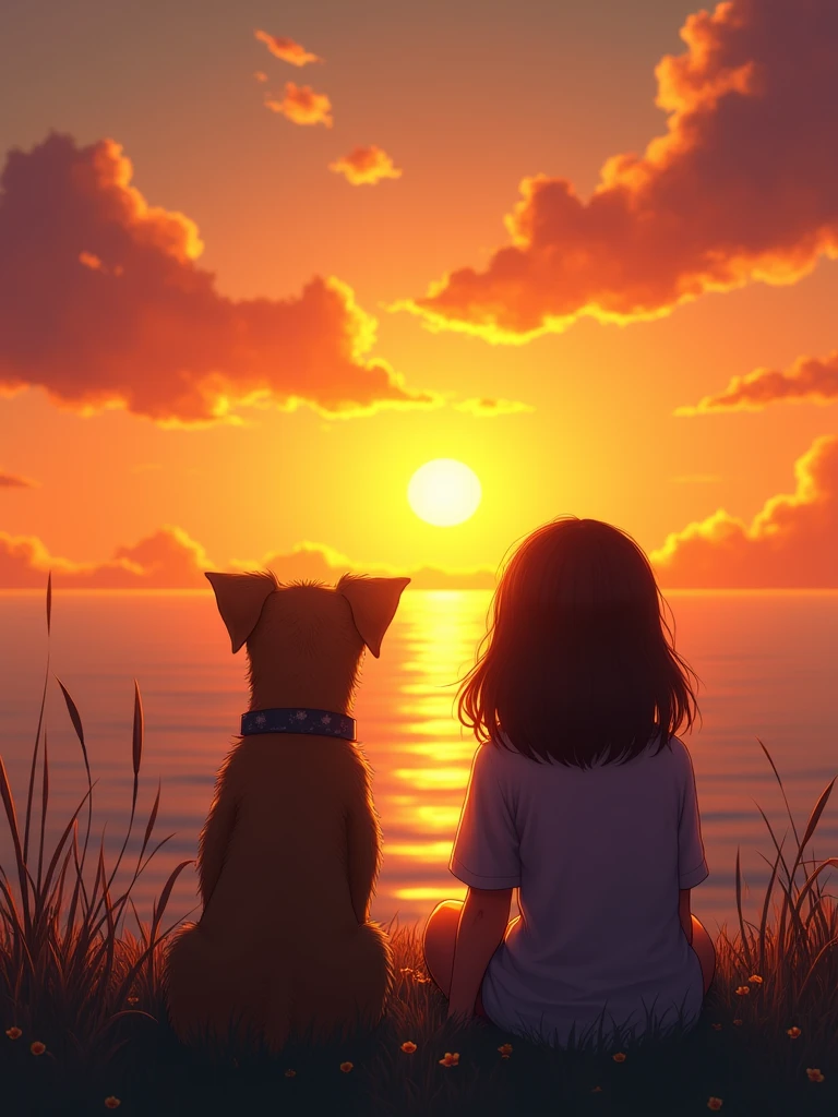 a girl and her dog sitting with their backs to each other watching the sunset, listening to Lo-Fi music. Relax, artistic, calming