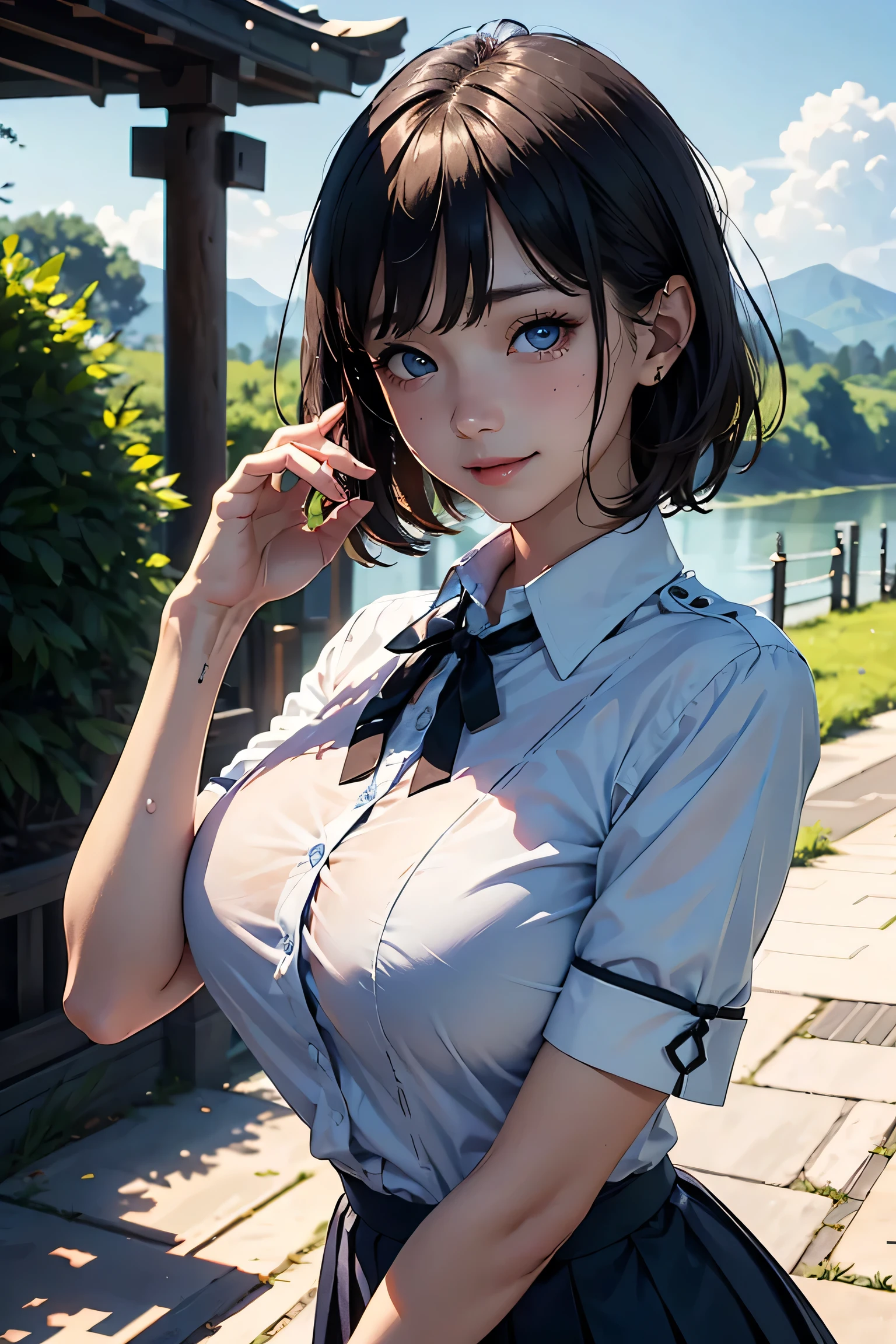 (masterpiece:1.2, Highest quality), (Realistic photos), Beautiful illustrations, (Natural side lighting, Cinema lighting),1 person, Japanese, 20-year-old female, Perfect Face, Symmetrical cute face, Glowing Skin, (Blonde Short Hair)、Flowing bangs, Dark blue eyes, Long eyelashes, (Large Breasts:1.4), Slender build, Beautiful Hair, Beautiful Face, Fine and beautiful eyes, Beautiful body, Beautiful breasts, (White collared shirt、Small black ribbon、Navy blue pleated skirt),smile、Blushing、stand、river、bridge、blue sky、White cloud、Sweating