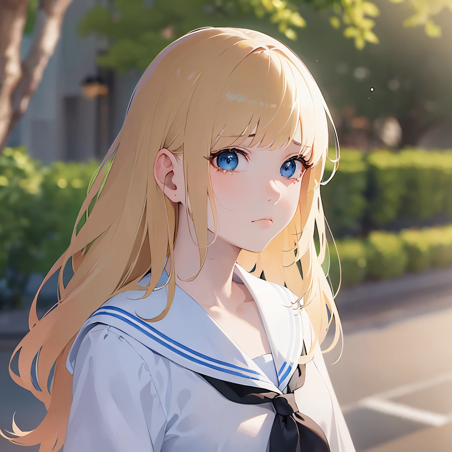 side shot, Upper Body, Realistic, real person, (pale skin: 1.2), RAW photo, photorealistic, shiny skin, shiny hair、 (A 15-year-old female with medium length hair and bangs) and (wavy hair) and (Blonde Hair) and (green eyes), BREAK sailor suit, white collar, white shirts,red ribbon BREAK、 (sad:1.5), tears, The background is a park、alone