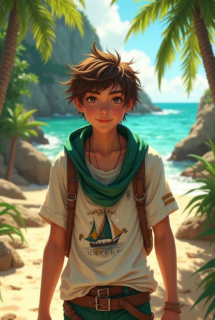 tropical teenager, , mischievous, messy brown hair, brown eyes, honey colored skin, green cowl, white sail age shirt, adventurer.