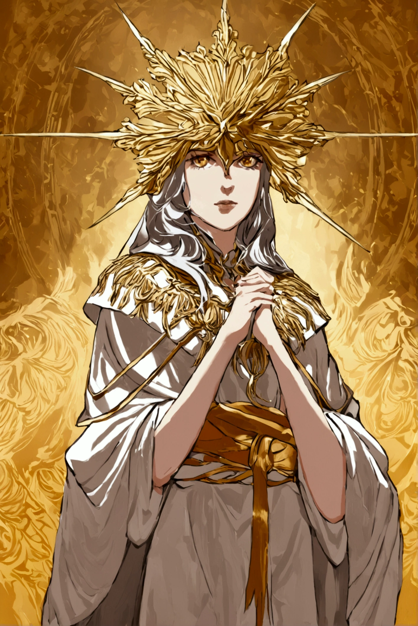 Miquella the kind fused with Gwyndolin,  3/4 angle, lookinfg at viewer, hair gradient from silver to gold, beautiful robes 