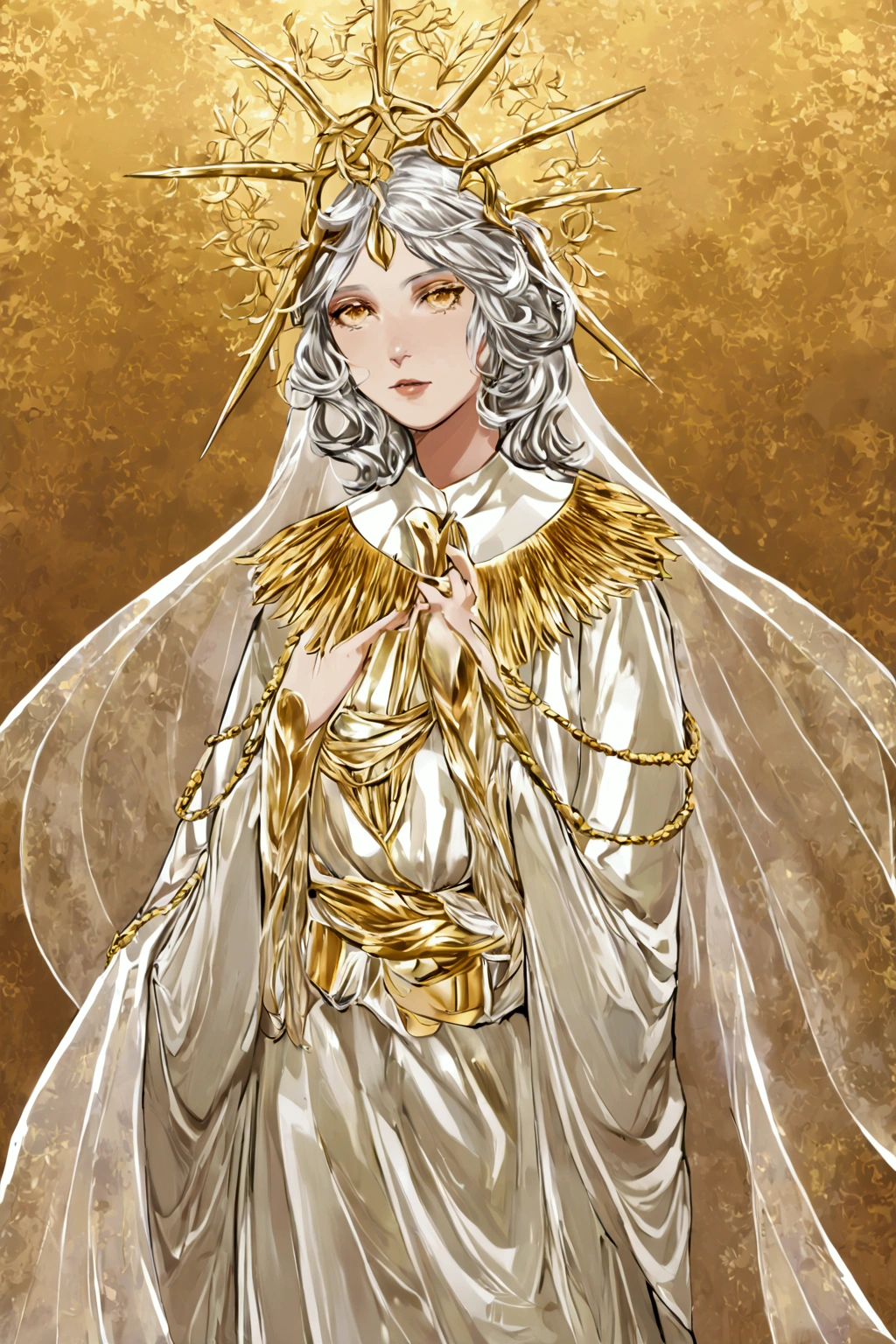 Miquella the kind fused with Gwyndolin,  3/4 angle, lookinfg at viewer, hair gradient from silver to gold, beautiful robes 