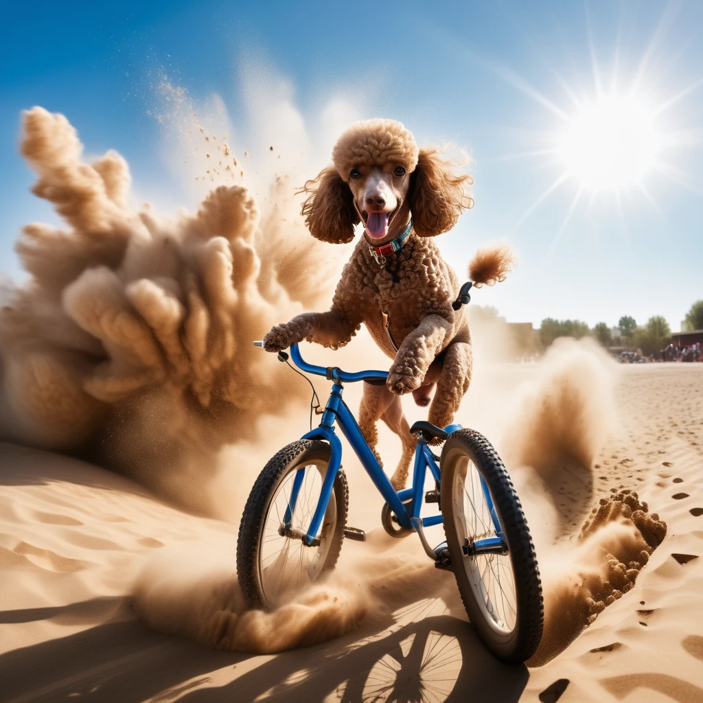 animal (Poodle:1.5) riding a bicycle, sand explosion, action photo, lighting sun, wide angle, 8k, f2.8, CRU photo, ultra detaild, real-life