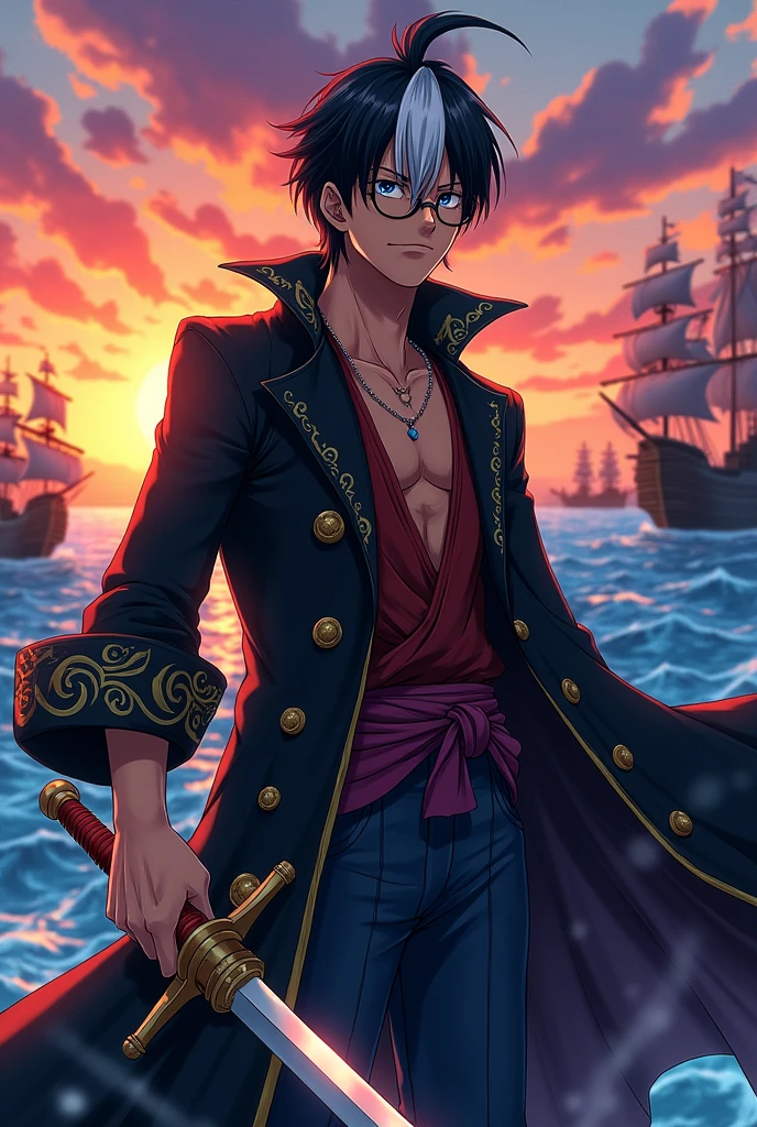 Create a male swordsman character in the style of One Piece anime with black hair with a white streak and the character has been wearing glasses. Additionally, the character should wear a black overcoat.