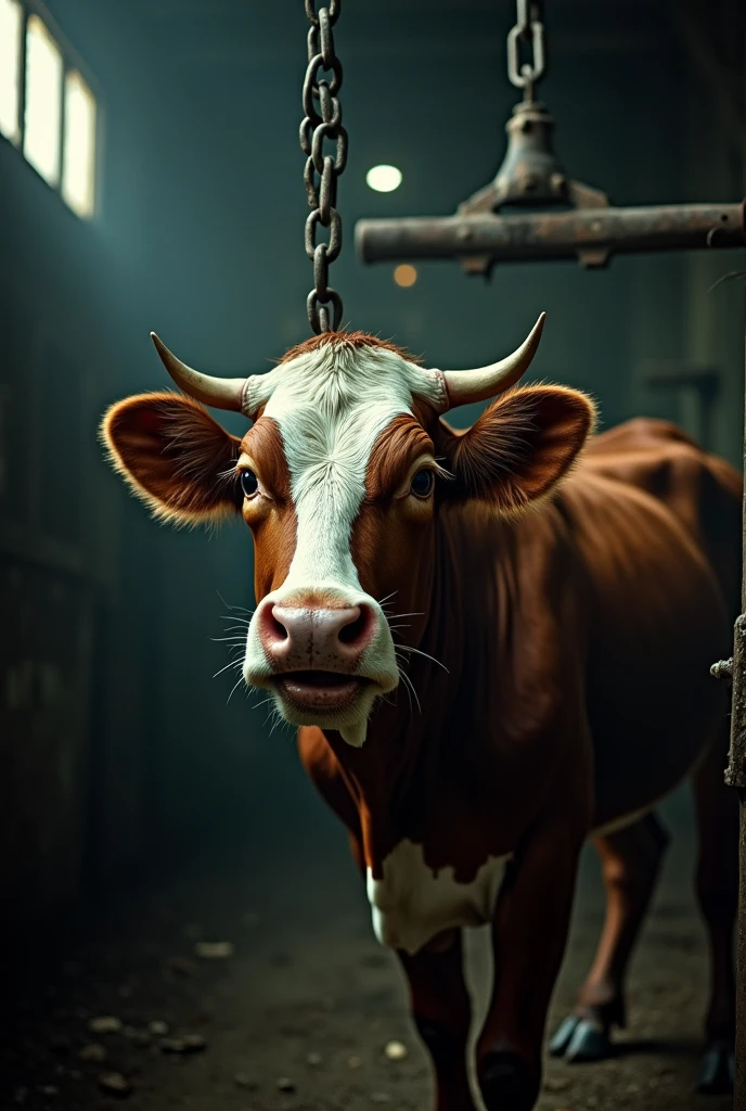 A cow screaming in pain as it is hung alive in a slaughterhouse.