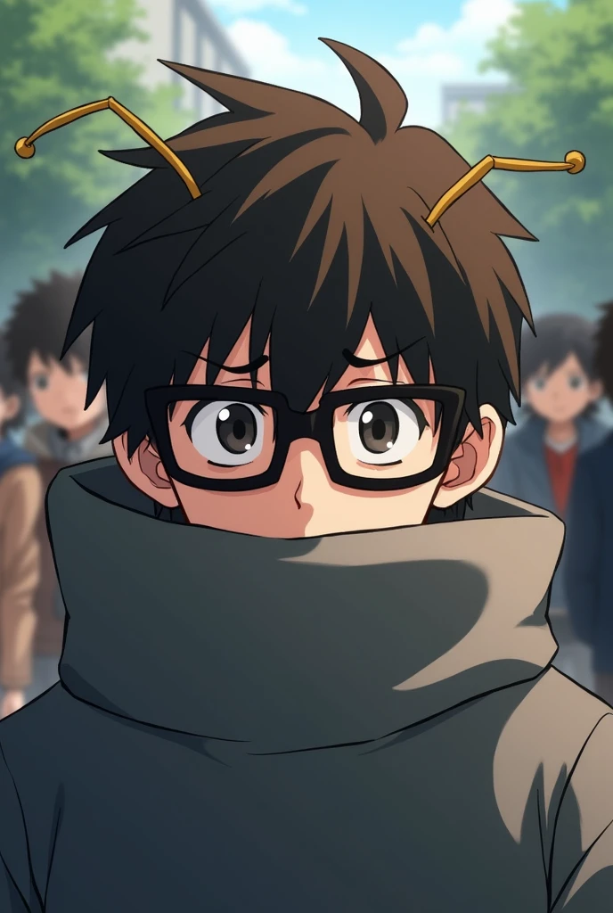 A young adult male looking reserved and nervous. Medium length brown hair. Rectangular glasses. Black eyes. Thin insect antennae on his head. Headshot. My Hero Academia. U.A. Student. Wearing a large grey sweater. 