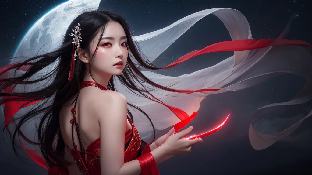 A delicate and lovely ancient goddess with lustrous black hair. She wears a white and red miko wear. The background is a fantastic and ethereal night sky, as if possessed by a specter. Her expression is stern and atmospheric.