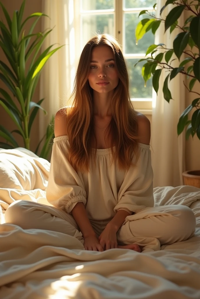 (photorealism:1.2), beautiful woman, sitting on bed, wearing loose off-shoulder top, pajama pants, straight long hair, indoors, soft lighting, plants in background, window with sunlight, cozy room, relaxed pose, realistic, intricate details, warm colors, by Greg Rutkowski, by Alphonse Mucha