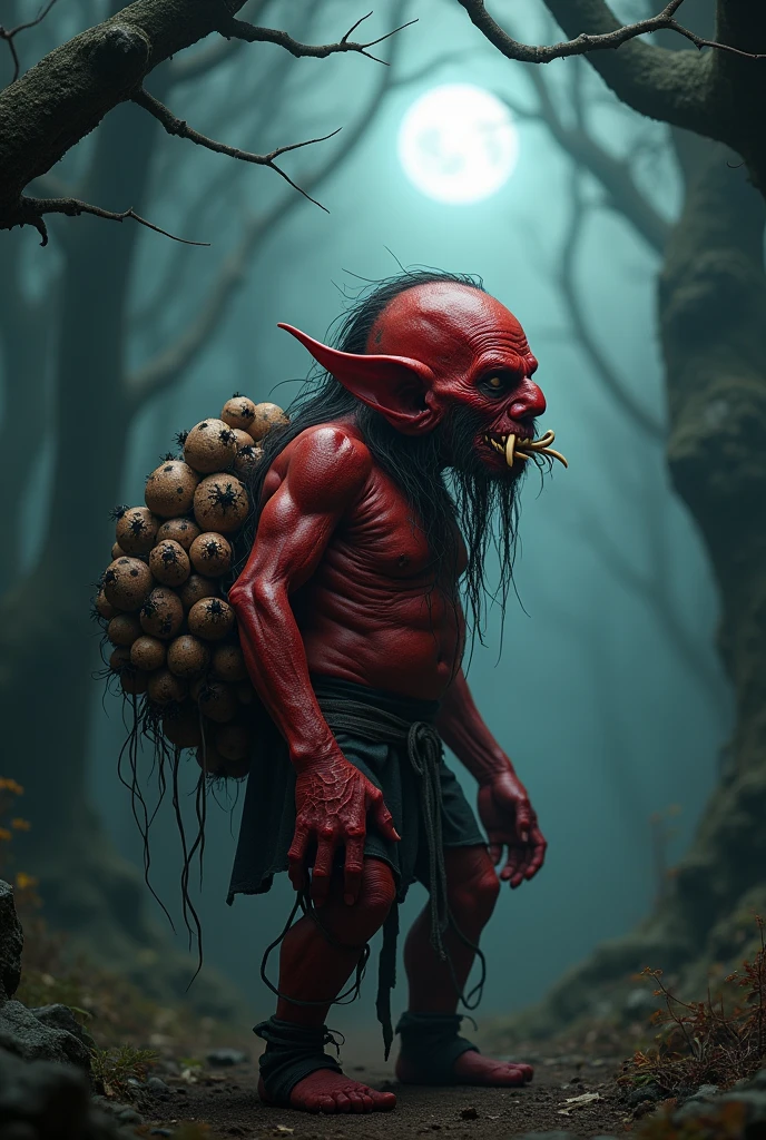 bent dwarf man, red skin, with tarantula features, spider fangs, on his back you can see little eggs with spiders inside