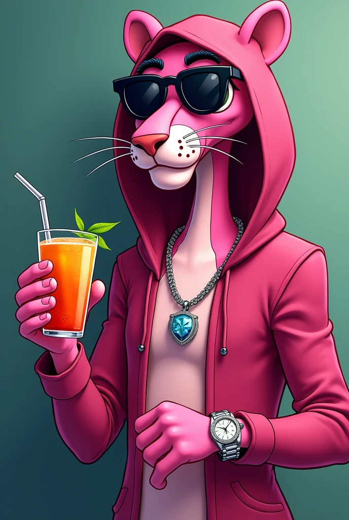The pink Panther cartoon character hoodie over his head with some cool, dark shades, VVS diamond necklace around its neck, a Patek wrist watch, sipping on juice from a cup with straw looking high like he’s been smoking weed.Art should be in 2D animation.standing side at looking into the camera