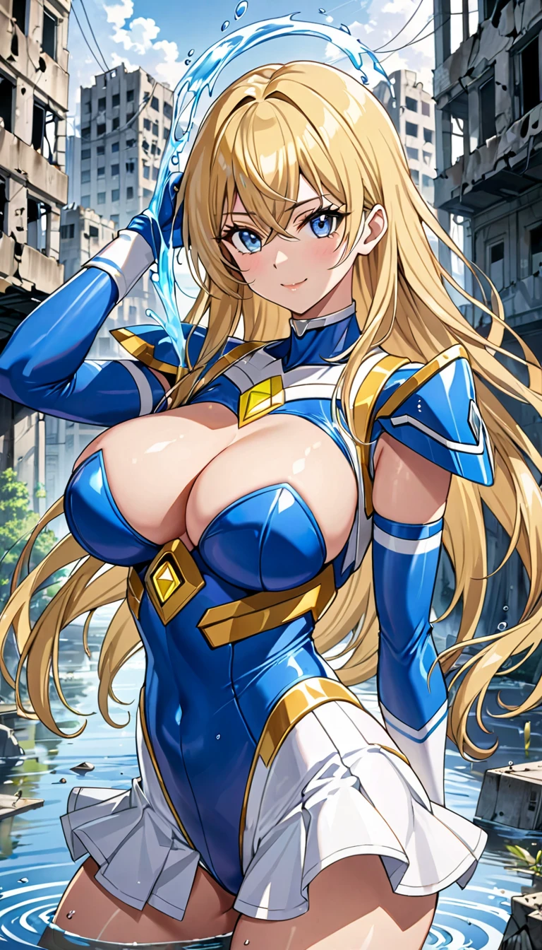 ((masterpiece)), ((Ultra quality)), ((super detailed)), ((high resolution)), ((8k)), a beautiful woman, ((She is one of the most famous actress in the world)), unparalleled beauty, ((large breast:1.4)), ((large ass)), ((deep cleavage)), slim waist, chest out, ultra detailed face, perfect skin, (((waist length hair, ((long straight golden hair)), crossed bangs))), ((blue eyes)),  detailed eyes, whole body image, sexy, an inviting smile, sensual, (((anime))), ((glamorous)), sexual attraction, ((23 years old)), ((incredibly beautiful woman)), ((The H cup bust)), (((sexy pose))), ((neat and clean.)), (((Power Ranger))), heroine,  (((high leg cut leotard, white line on blue colored leotard power suit, Side Skirt Armor))),  ((beautiful breasts)), beautiful legs, 8 life size, the most beautiful and strongest, ((charm)), ((Talented woman, Keeping Calm, During a battle in an abandoned city)), ((Water magic light)),