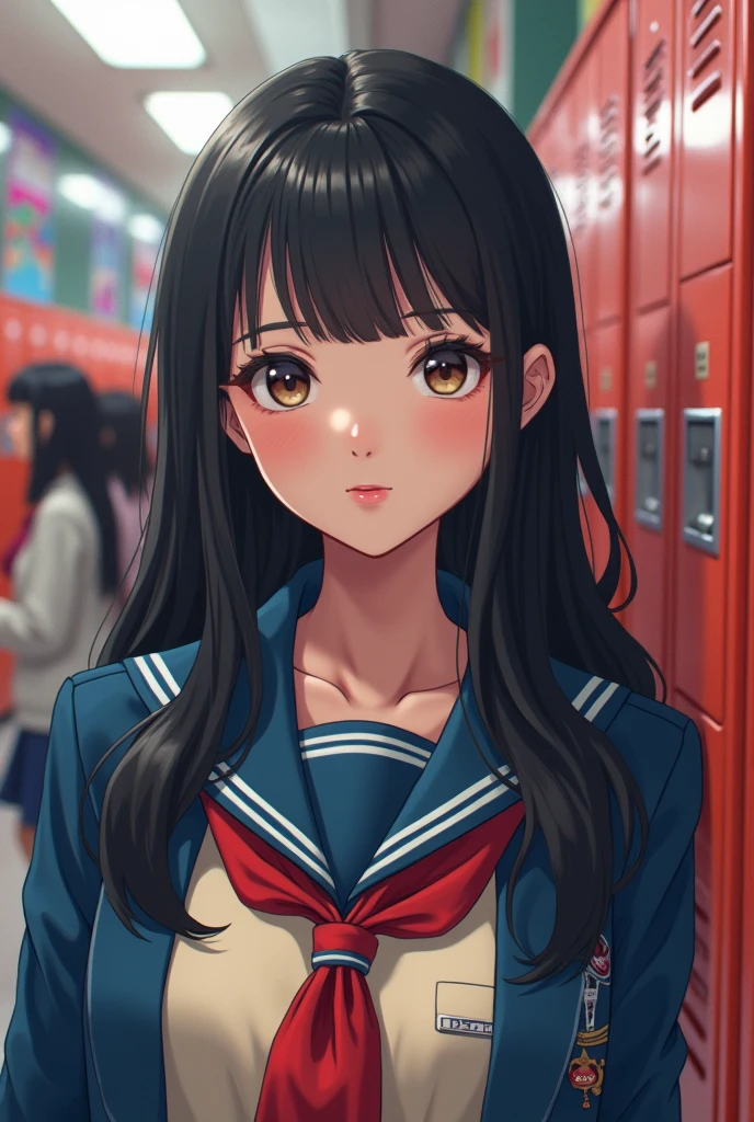 (masterpiece,Highest quality:1.4),(8k,RAW Photos,Photorealistic:1.2),Ultra-high resolution, ,(Glowing Skin:1.4),Detailed skin,Detailed face,Detailed eyes,(Beautiful and shining eyes:1.2),Symmetrical eyes,Detailed ears,One person,Natural Makeup,Fat high school girls,(((Japanese Idols))),(Japanese Face),Detailed Background,Vivid background,Beautiful and shiny hair,18-year-old,((Teenage breasts)),,(Detailed School uniforms popular among Japanese high school girls),,((Sharp Face)),Natural light,,(Very detailed ,Trend design for 2024,online shopping,LUMINE® Market,),Trendy hairstyles,black_hair,long_hair,Upper Body,Instagram Style,(Detailed girls' locker room at school,,Location was great.),