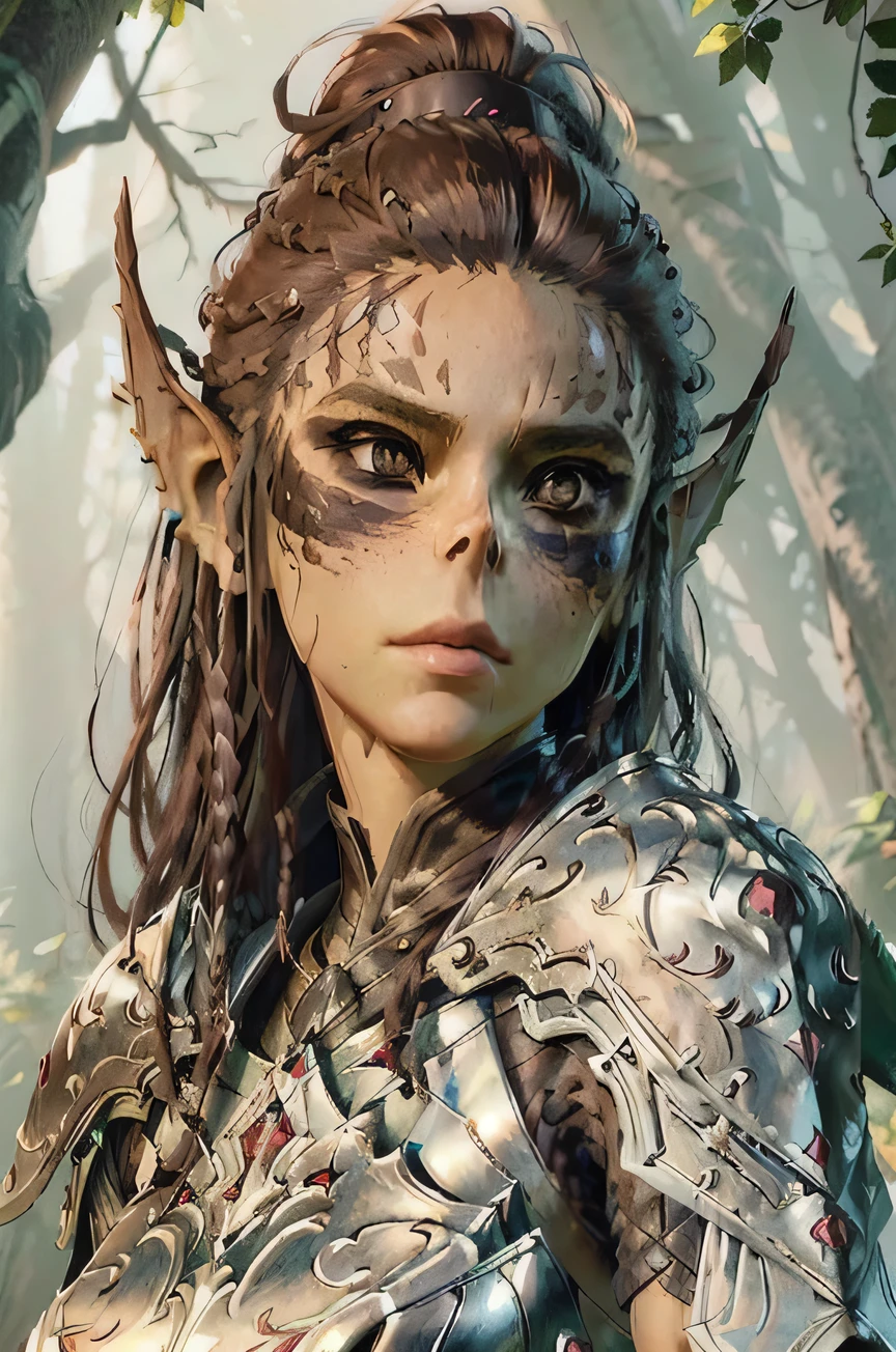 (masterpiece, best quality:1.3)
Bucalezel, 1 Girl, Solitary, Long hair, Looking at the audience, Brown hair, Black Hair，Sharp eyes，Female Warrior, Brown eyes, Shut up, Upper Body, Pointed ears, armor, Tree, Lips, Skin of color, Elf，Anime style