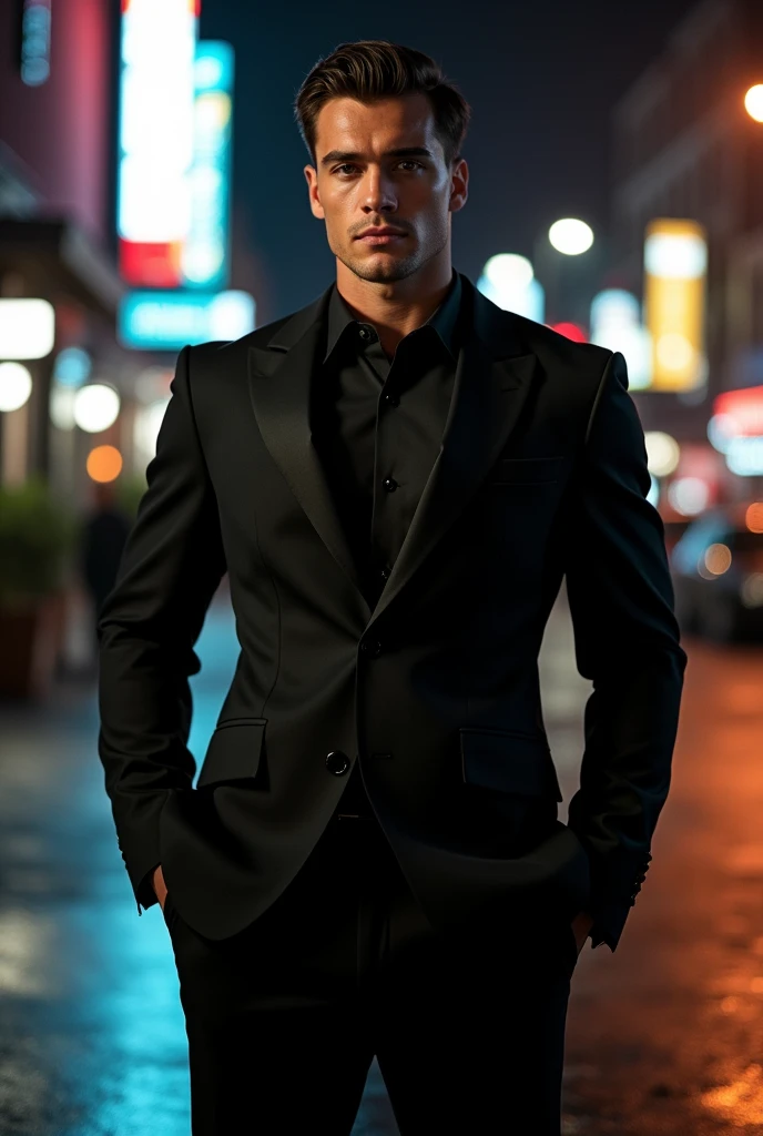 Handsome young man with a mafia look but handsome with a muscular body in a suit where his chest is noticeable