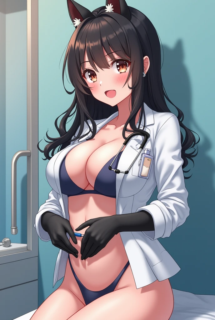 Nsfw. Anime gynecologist girl, with long black latex gloves, instruments, exam patients vagina, patient horny girl