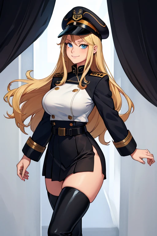 female, blonde long hair, blue eyes, (((1girl))), (((black naval uniform))), (military admiral cap), (black belt), (black skirt), (black thigh high boots), cute and sexy, full body, large breasts, long legs, smiling