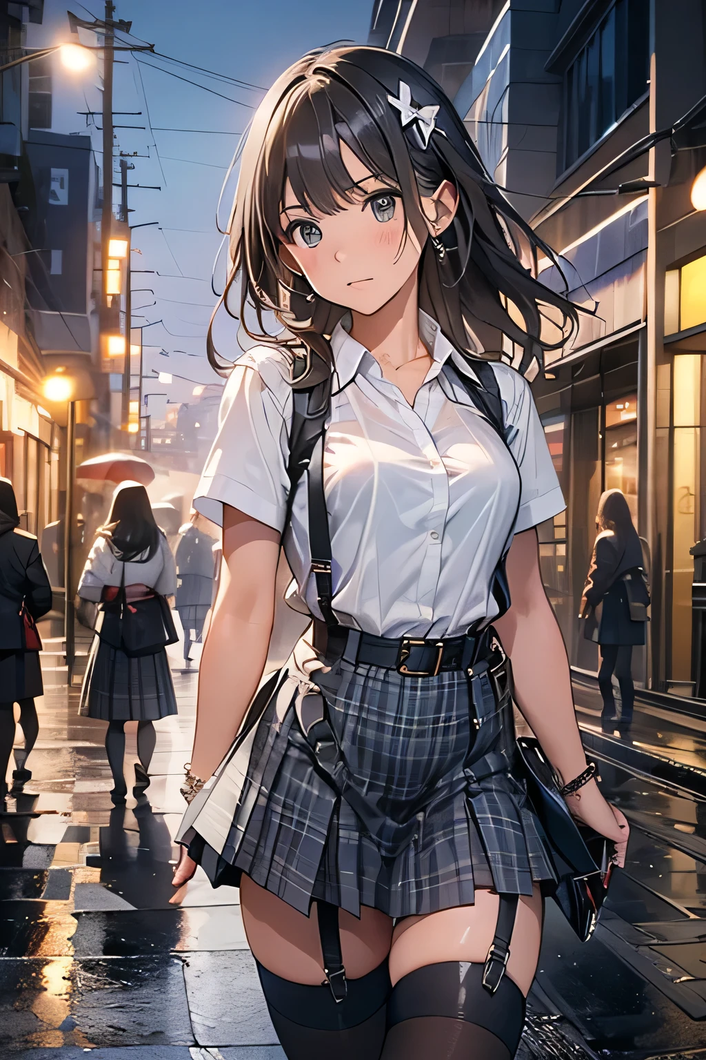 1 female, , high quality, masterpiece, Ultra-high resolution, Cinema Lighting, 1 female, , high quality, masterpiece, Ultra-high resolution, , Cinema Lighting, suspenders　　　Moderate breasts　 　 　　　　　 　　　　Small face　 　　　　　　　　　　　Looking up　　　　Sweat 　　　Thin belt　buzzer　脇Sweat 　　　　 　garter belt　　Belt on pants　　holster　 　　Hands behind your back　 　Looking up　Anxious face　Knee-high　Knee socks　Knee-highソックス 　garter　ふとももにgarter belt　Checkered mini skirt　 　　Panty shot　Skirt gap Armament　　　holster　holster 　　Hands behind your back　 Anxious expression　　Anxious face, legs apart　Armament　　Leg Holster　holster　See-through clothing　heavy rain　Rain-soaked dress shirt,Moderate breasts　ガーターbelt　suspenders　Garter on the thigh　Checkered mini skirt　Looking up　Pause　belt　Armpit sweat　Hands behind back　Raise your hands