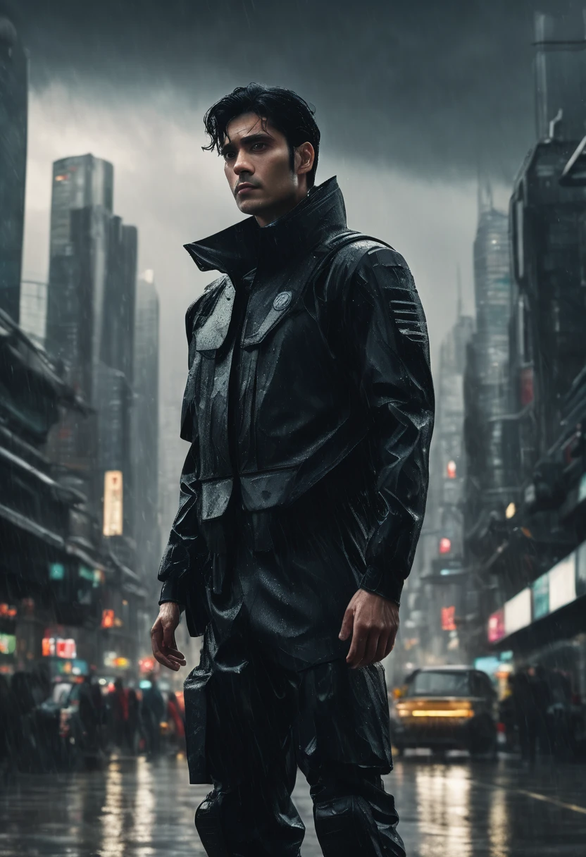 a melancholic man with medium black hair wearing a black uniform, standing in a futuristic city with completely overcast sky and rain, highly detailed, cinematic lighting, photorealistic, intricate details, dramatic atmosphere, muted color palette, (best quality,4k,8k,highres,masterpiece:1.2),ultra-detailed,(realistic,photorealistic,photo-realistic:1.37)