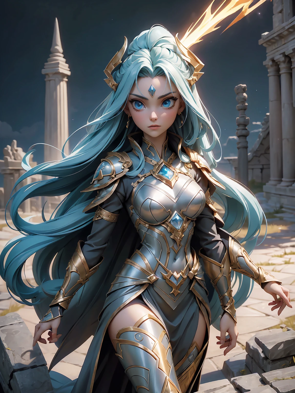 (((masterpiece, best quality, high detailed, 8k)))Full body shot of a fearless paladin with unparalleled beauty, featuring long, dark hair and striking blue eyes. She wears intricately designed draconic armor that glimmers with a mystical aura. Her armor is adorned with dragon scales and ornate patterns, giving it both an imposing and elegant appearance. In her hand, she wields a magnificent sword, the blade shimmering with a divine light, etched with runes of power. She stands in a majestic, celestial landscape, with radiant light filtering through the clouds, casting a holy glow upon her. The ground beneath her is a mix of ancient stones and sacred symbols, glowing softly as if infused with holy energy. Surrounding her are ethereal figures in shades of gold and white, their presence adding to the divine ambiance. The background features towering, ancient ruins and magnificent, skyward-reaching structures, hinting at a grand, heavenly stronghold. The scene is inspiring and powerful, with her face showing a serene yet determined expression, her eyes locked onto her noble mission. [Best quality], [Masterpiece], [Ultra-detailed], [4k], {inspiring|majestic} atmosphere, celestial landscape, {dynamic pose|noble stance}, radiant illumination, {soft shadows|divine lighting}, {glowing ancient stones:0.7}, {ethereal figures:0.6}, {heavenly architecture:0.5}, {towering ruins:0.4}, {skyward-reaching structures:0.3}.
