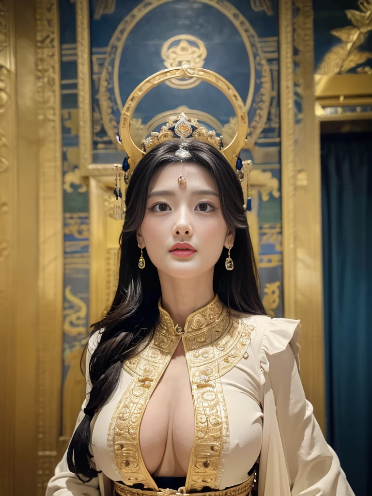 Masterpiece, best quality, 1 woman, alone, ((adult)),(big breasts), long hair,Micro gold,be happy, looking at the audience, Dunhuang Mogao Cave, (background),(precise、perfect appearance:1.3),Ultra high resolution,Ray Tracing,,glare, correct structure,won,Highly detailed,Lighten the contrast of the shadows.,face light ,movie theater lighting,Masterpiece,Superb details,High quality,Highly detailed, best quality,16ก,high contrast,