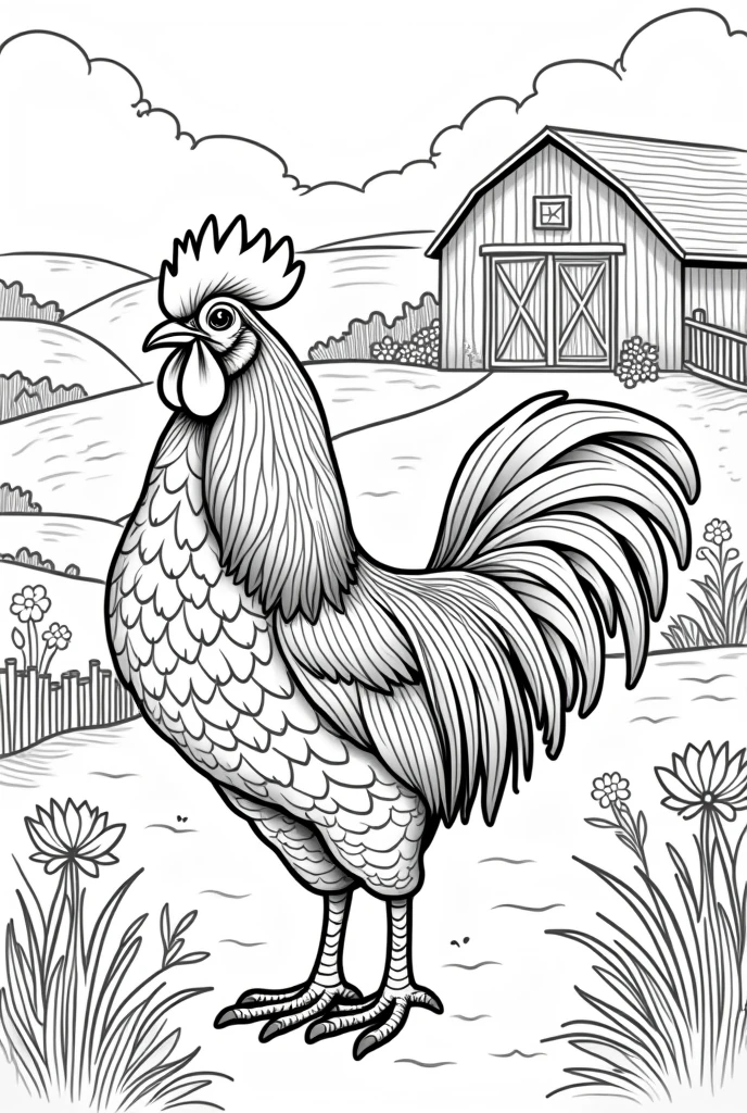 Generate a coloring page of a rooster on a farm in format 3:4
without color
