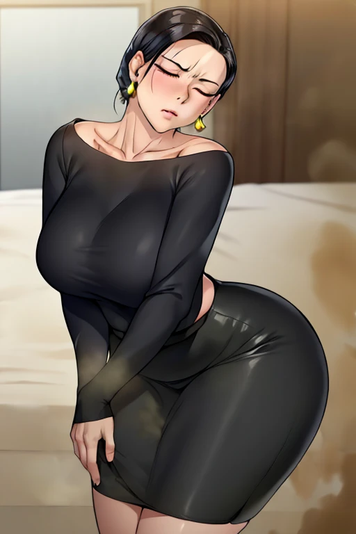 masterpiece, best quality, highres,st1, short hair, hoop earrings, black skirt, wristwatch, off-shoulder sweater, pencil skirt, collarbone, large breasts, cowboy shot, bending over, farting, massive fart, closed eyes