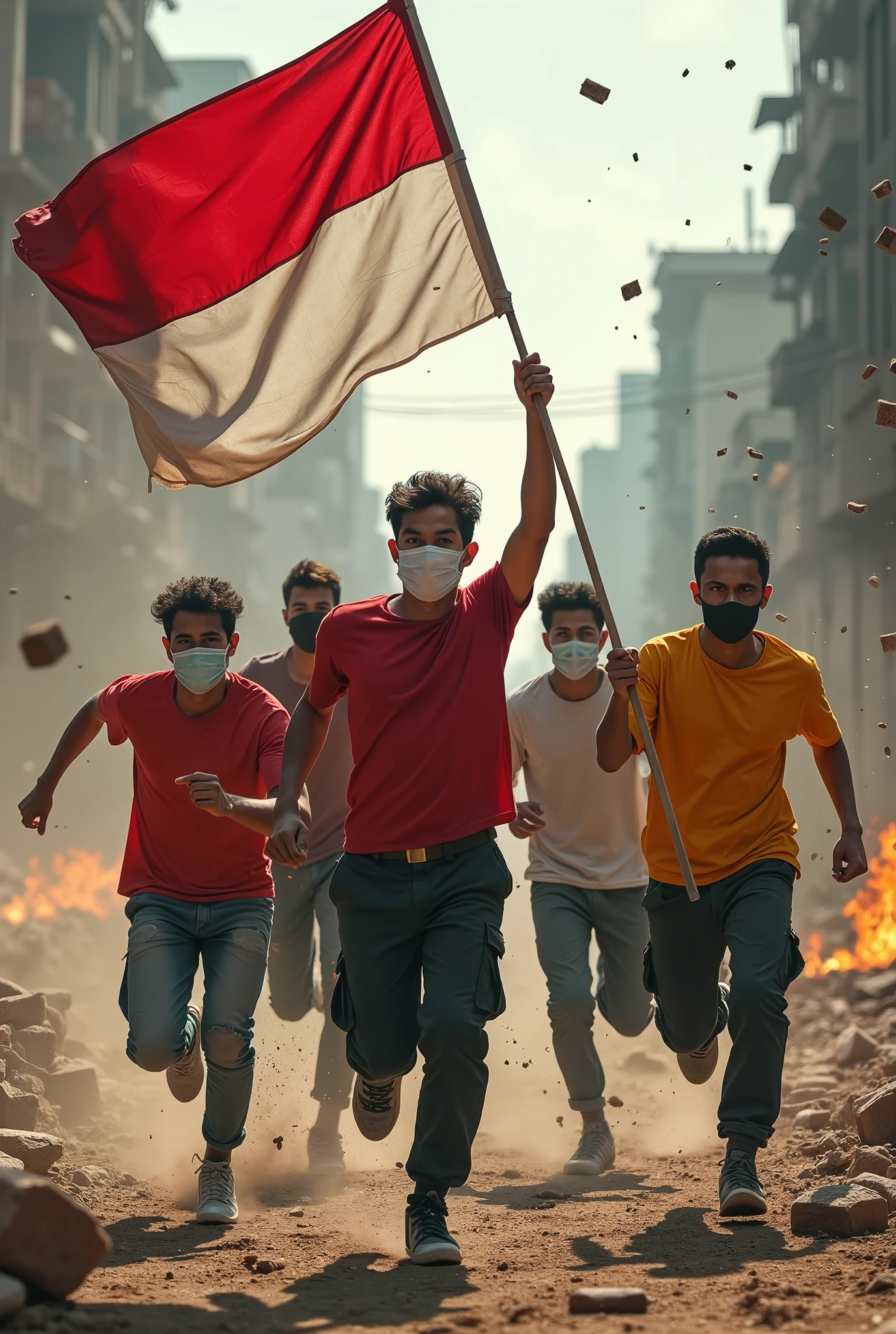 (photorealism:1.2), 5 youngman(wearing random color t-shirts and black army cargopants) with a mask, running while carrying the indonesian flag in the chaos city, and the others is throwing bricks and rocks to the enemy, dust and rocks, war conflict, flames and destroyed buildings etc.