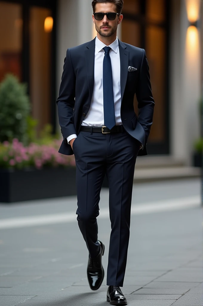 Look 1:
chemise: white.
pants: Social Black.
shoe: Oxford Black.
Accessories: navy blue tie, black belt.
variant: Add the Navy Blazer for a more formal touch.