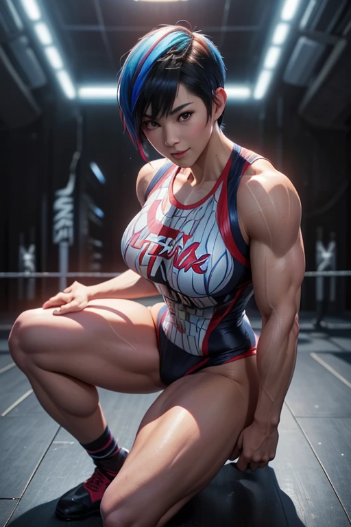 (high resolution, 8k, Sharp focus), tall, whole body, Japanese, 30 years old, smile on the lips, (((hyper massive, Muscular: 1.4))), (pixie cut, undercut), looking at viewer, Large women, tall, Amateur wrestling venue, Seated Woman, ((Fitness Wear)), Small breasts, ((Strongest Pose)), whole body