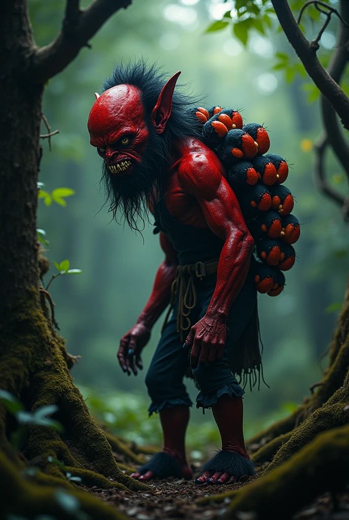 bent dwarf man, red skin, with tarantula features, spider fangs, on his back you can see little eggs with spiders inside