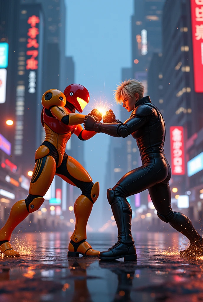 Samus Aran and Kazuya Mishima fighting in suits.