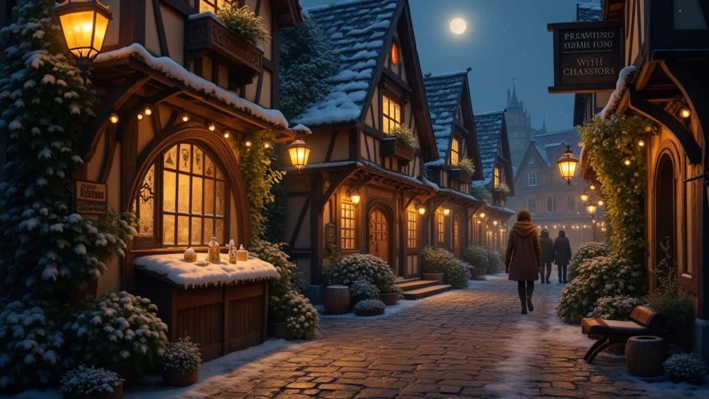 illustration, fantasy and magic World, Snowfall, Villagers, downtown of medieval city, landscape. background with market, tavern, stone road. night time, There are vines growing on the walls of the building