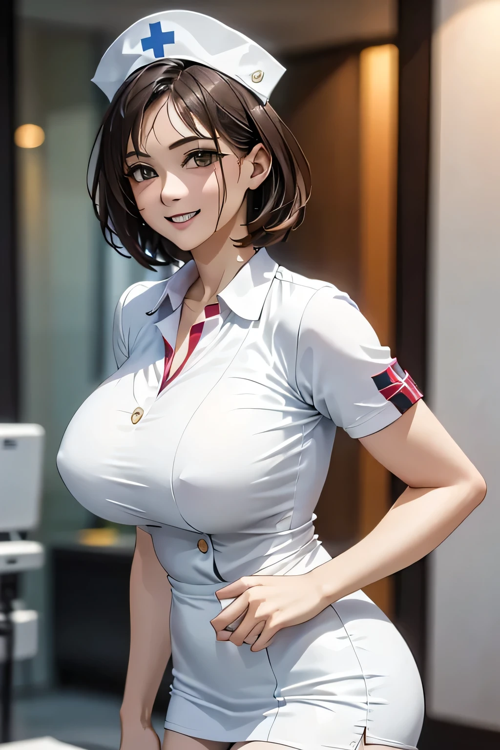 1 female, 40 years old, (Nurse cap, Nurse uniform and mini skirt), masterpiece, Grin, (very tanned and shiny skin), Big Breasts, photoRealistic, Realistic, alone, photoRealistic, Highest quality, Ultra-high resolution, Yura S, Outdoor, colorful, Daytime setting, beautiful, masterpiece, Highest quality, Very detailedな顔, Perfect lighting, Ultra-high resolution, Very detailed, (background: In the hospital)