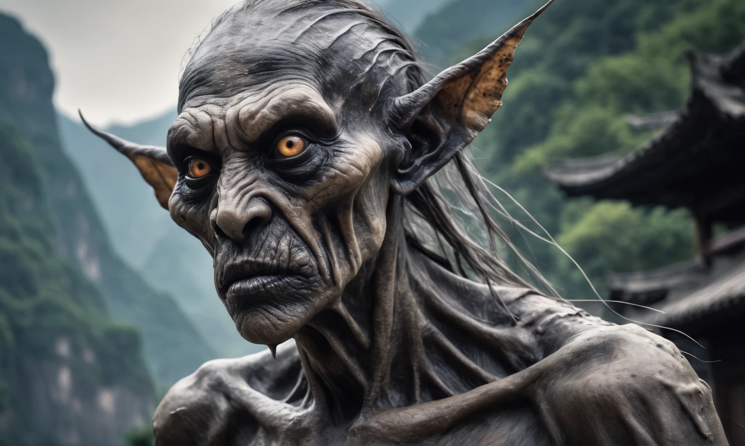 full body length shot,beggar graphite Manganite sparas, wants eat,survival in Korean city of future,Cinematic,soft colors, Technicolor,natural skin textures, hyper realism, hyper detailed,Extremely detailed,High contrast,Masterpiece,Realistic,Ultra Detailed, intricate details,realistic humid leather,extremely intricate,Epic Realistic, cinematic style,irina yermolova,high contrast,hdr,extremely detailed, landscape,masterpiece,intricate details,faded,eyes extremely detailed, high detailed eyes,16k resolution,RAW,retina, Nikon Z9,China,Songbird orc,Li River in Guangxi Zhuang of China,tkt style, Pisces, pointed ears，perfect, zinger，transition between two art styles, Ink painting to photorealism, Double contact, X-ray, Creative, vivid light, masterpiece, fantasy, Abstract, Surrealism, super detailed, high resolution, stop:35,(((creature with a spectral and ghostly appearance)). Her skin is pale, almost translucent.strange wears dark, torn clothes that float around him, as if permeated by an aura of mourning. Its appearance is complemented by details such symbols of  gothic elements, further emphasizing its dark air. is photo as a haunted and tormented entity,{creature}