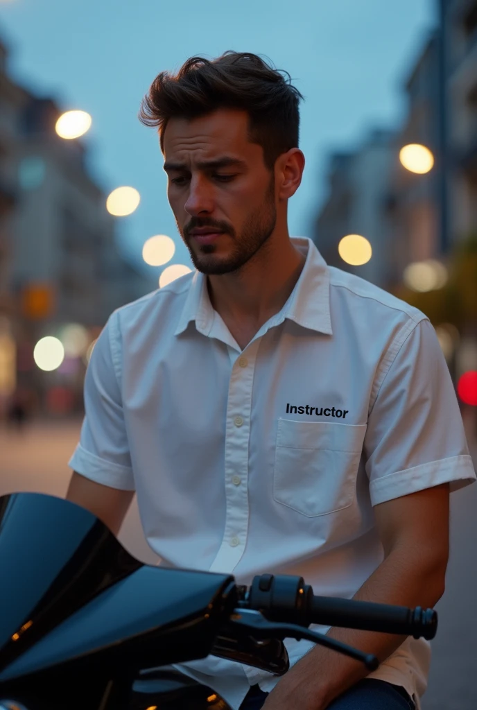 Create an image,from a 34-year-old man without a beard , short brown hair,white fur,eyes browns,white short-sleeved shirt, Written "instructor" on the left side of the shirt,
head down, thinking about quitting his job, sitting on a black motorcycle.