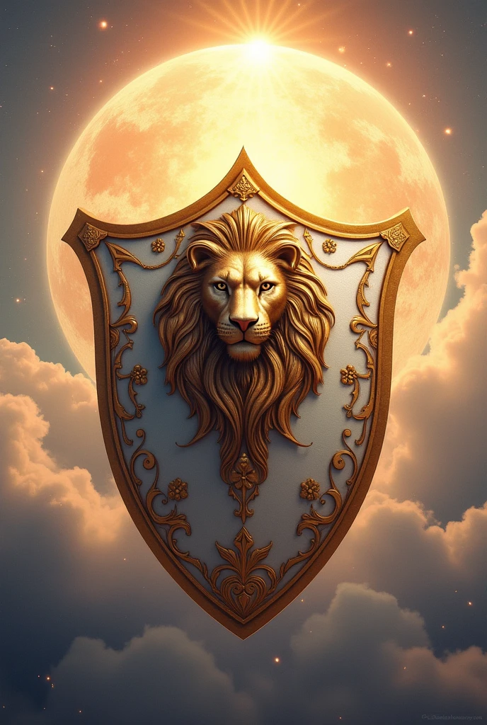 Golden and white shield, from the head of a lion and a sun

