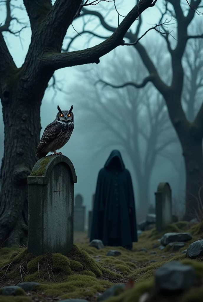 An old cemetery with dry trees with a macabre owl and a macabre monk behind a grave