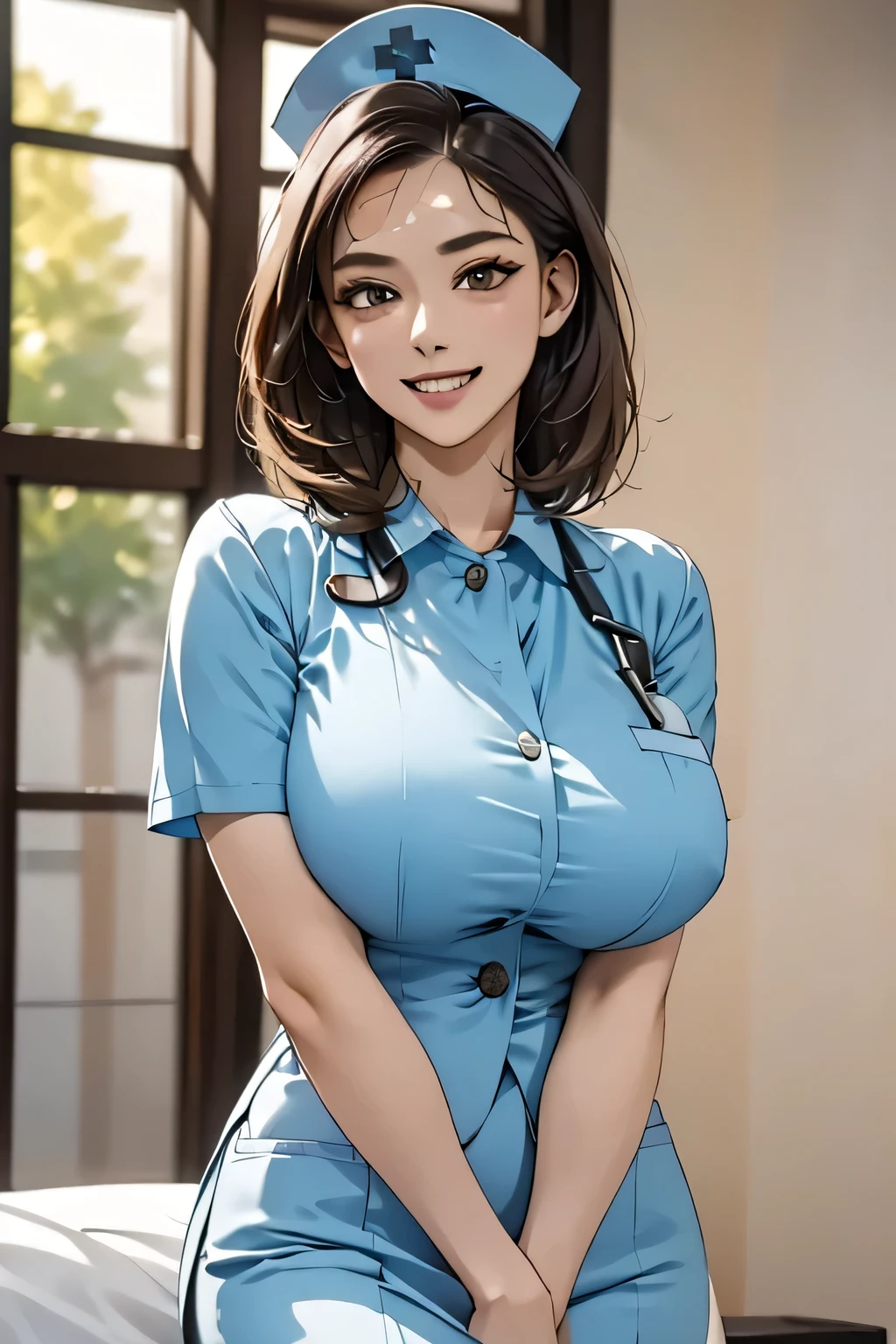 1 female, 40 years old, (Nurse cap, Nurse uniform and mini skirt), masterpiece, Grin, (very tanned and shiny skin), Big Breasts, photoRealistic, Realistic, alone, photoRealistic, Highest quality, Ultra-high resolution, Yura S, Outdoor, colorful, Daytime setting, beautiful, masterpiece, Highest quality, Very detailedな顔, Perfect lighting, Ultra-high resolution, Very detailed, (background: In the hospital)