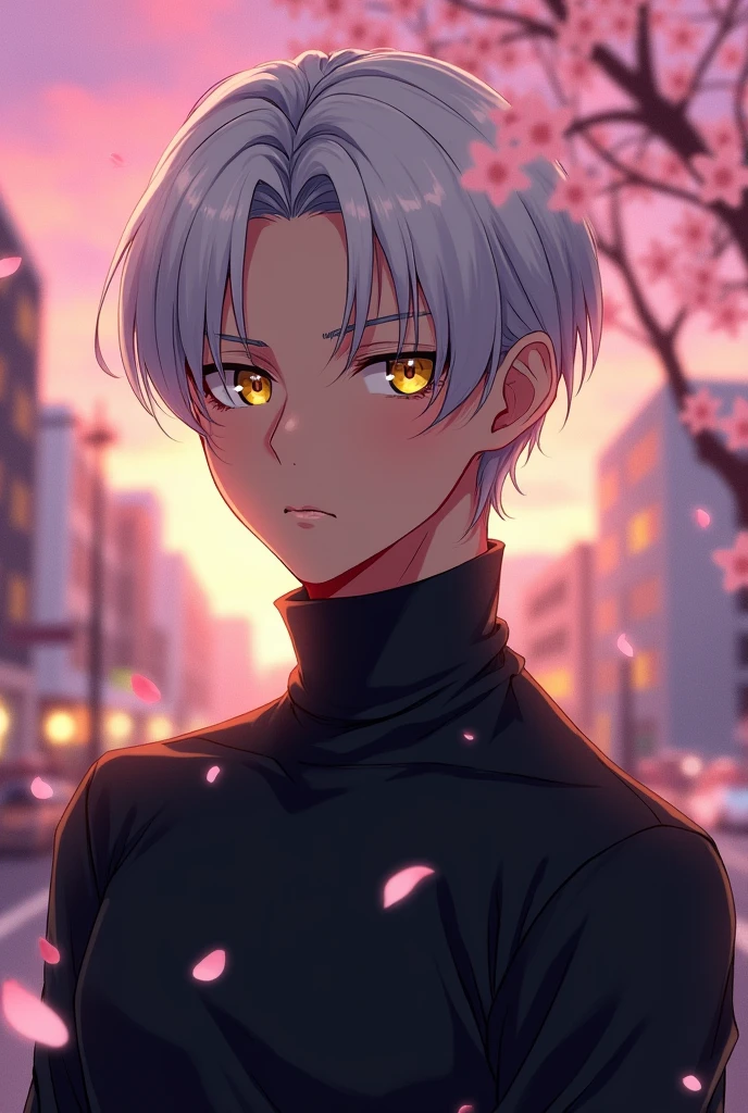 A man with brown skin, white, straight, short hair, yellow colored eyes, a serene and calm expression. A tighter outfit like a black turtleneck, anime version