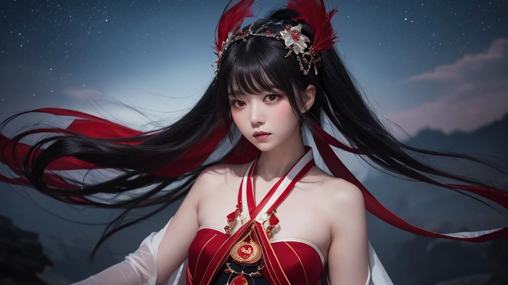 A delicate and lovely ancient goddess with lustrous black hair. She wears a white and red miko wear. The background is a fantastic and ethereal night sky, as if possessed by a specter. Her expression is stern and atmospheric.