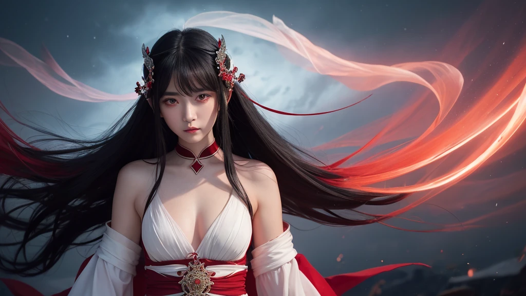 A delicate and lovely ancient goddess with lustrous black hair. She wears a white and red miko wear. The background is a fantastic and ethereal night sky, as if possessed by a specter. Her expression is stern and atmospheric.