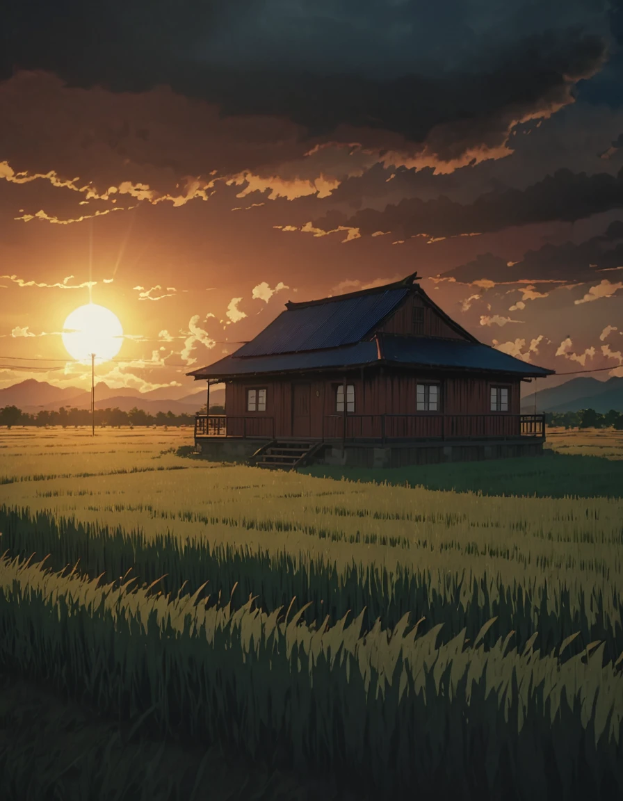Masterpiece 8k Studio ghibli cabaña acogedora A serene landscape of a grass field under a hellish sky with clouds. shadow, sunset natural light lighting!!!!! solar 8khdr!!!!