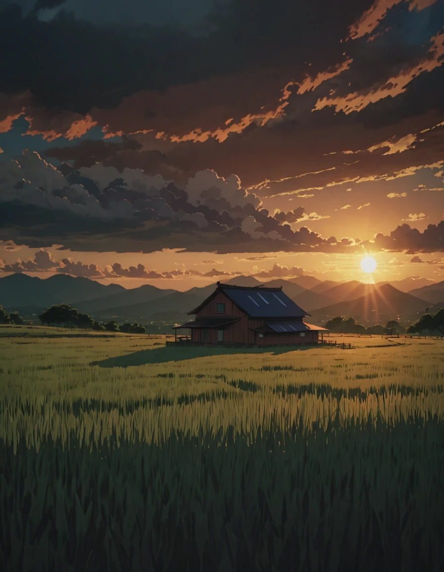 Masterpiece 8k Studio ghibli cabaña acogedora A serene landscape of a grass field under a hellish sky with clouds. shadow, sunset natural light lighting!!!!! solar 8khdr!!!!