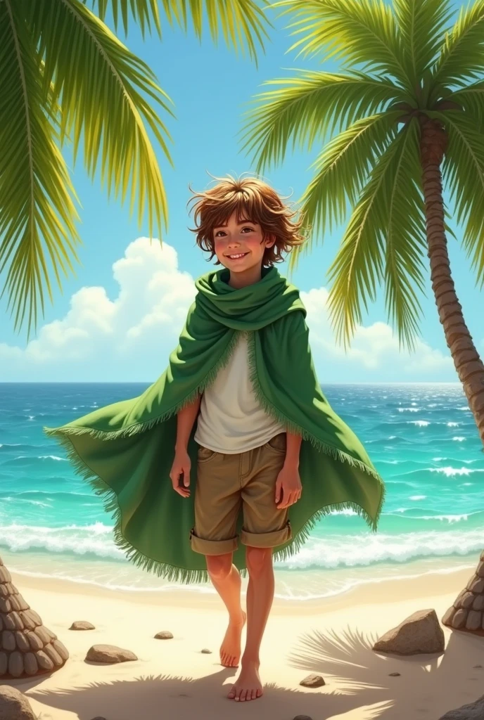 tropical ager, mischievous, messy brown hair, brown eyes, honey colored skin, green big cowl, white shirt, adventurer.